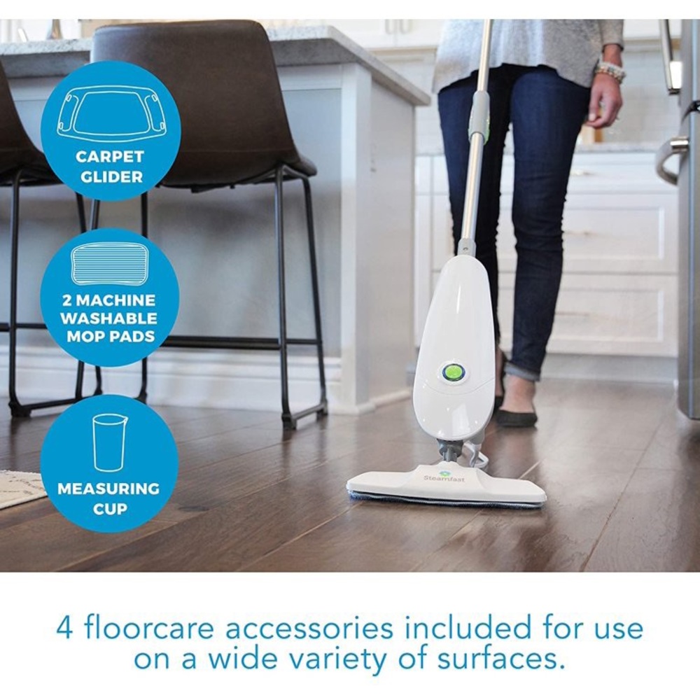 easy to fill water,chemical freeincluded carpet glider,mop pad , cup ,unopen box